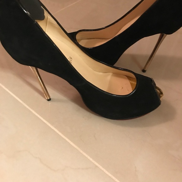 Christian Louboutin Black Suede Peep Toe Pumps - Picture 5 of 8